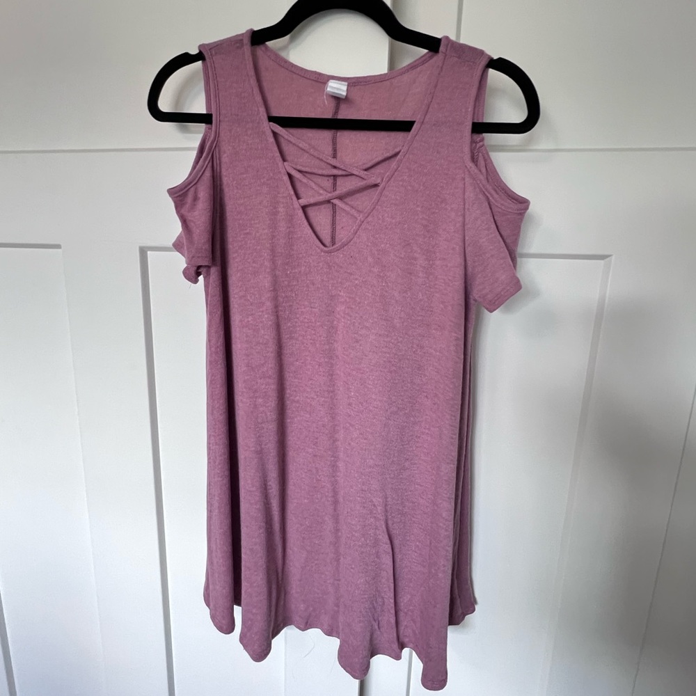 Pink Blush V-Neck Open Shoulder Sweater Tunic Mini Dress